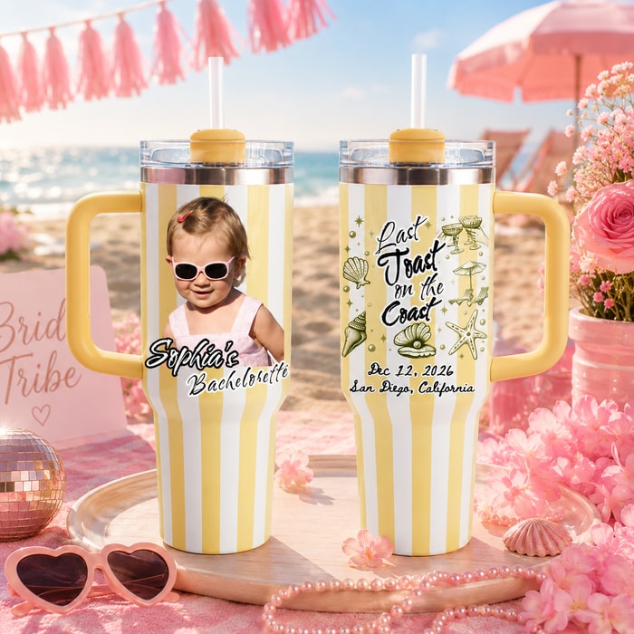 Custom Striped 40oz Tumbler With Handle, Last Toast On The Coast Personalized Bachelorette Travel Mug & Beach Bach Drinkware