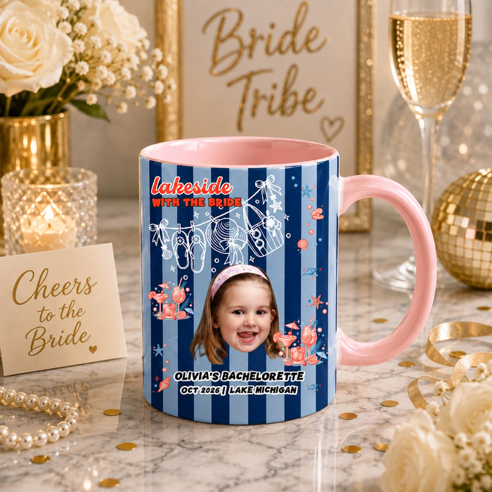 Custom Striped Face Coffee Mug 11oz & 15oz Lakeside With The Bride Personalized Bachelorette Ceramic Mug & Lake Bach Drinkware
