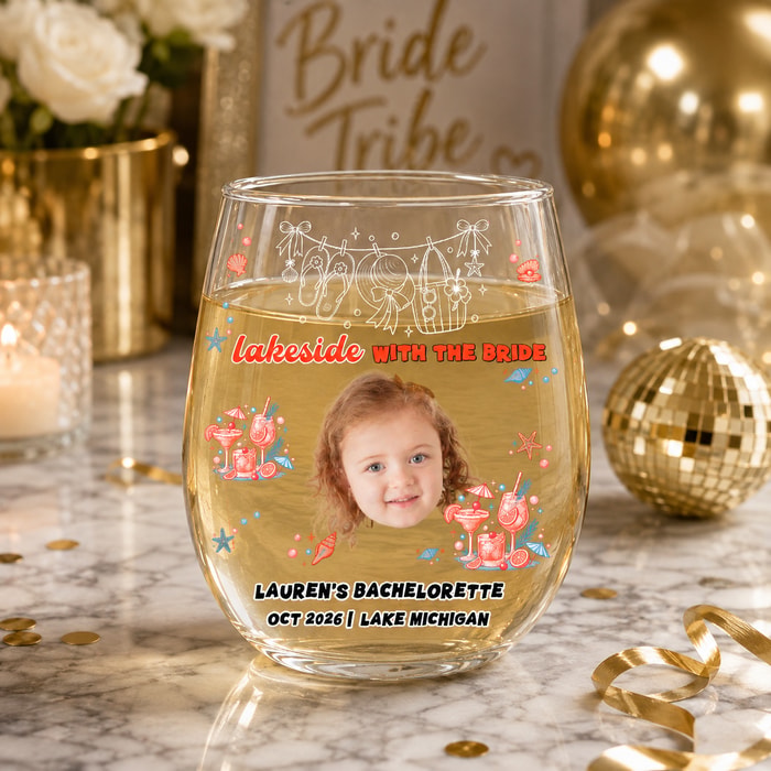 Custom Face Eggshell Glass Cup, Lakeside With The Bride Personalized Bachelorette Glassware & Lake Bach Drinkware