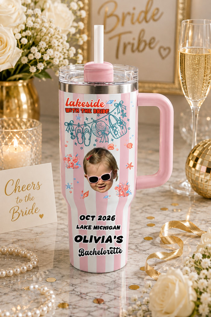Custom Striped Face 40oz Tumbler With Handle, Lakeside With The Bride Personalized Bachelorette Travel Mug & Lake Bach Drinkware