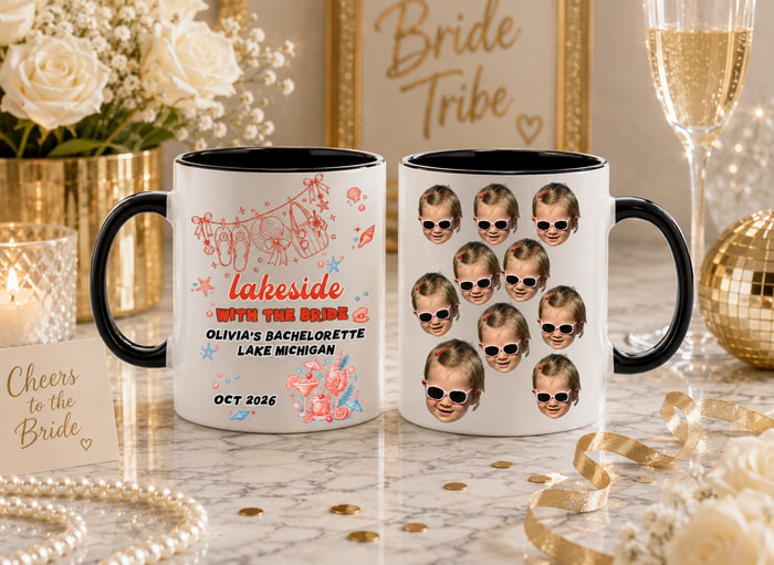 Custom Face Pattern Coffee Mug Set, Lakeside With The Bride Personalized Bachelorette Ceramic Mugs & Lake Bach Drinkware