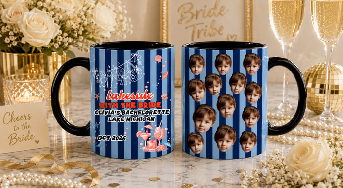 Custom Striped Face Pattern Coffee Mug Set 11oz 15oz, Lakeside With The Bride Personalized Bachelorette Ceramic Mugs & Lake Bach Drinkware