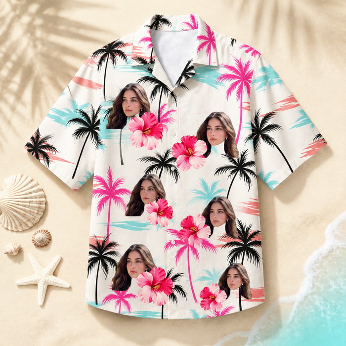 Pink Hibiscus Palm Tree Hawaiian Shirt - Personalized Photo Hawaiian Shirt, Custom Face Tropical Shirt