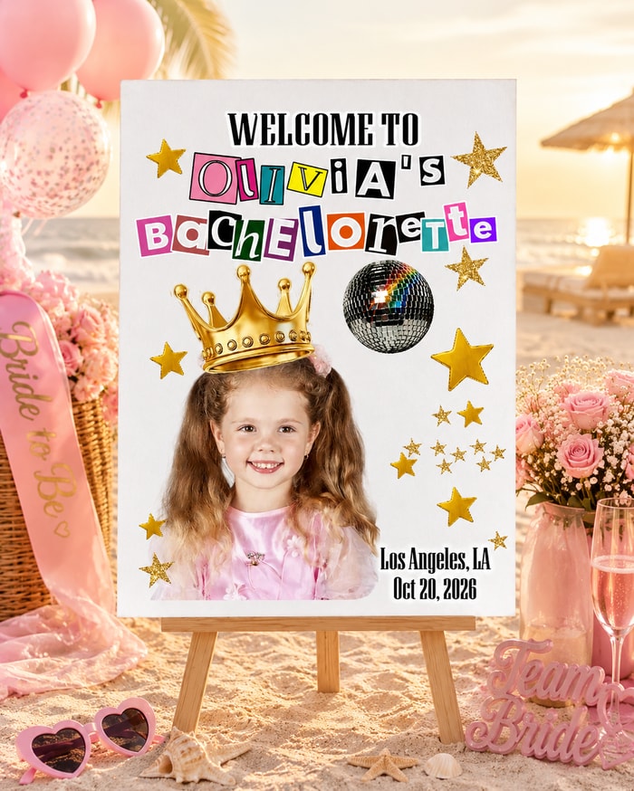 Custom Face Welcome Board Sign, Bride Era Bachelorette Party Decor, Personalized Photo Welcome Sign & Disco Bach Backdrop