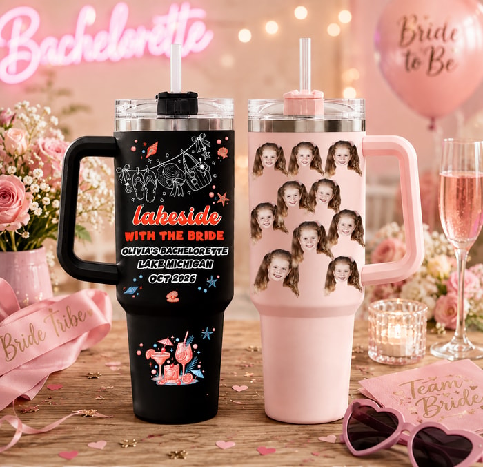 Custom 40oz Set Of 2 Tumblers, Lakeside With The Bride Travel Mug, Personalized Face Bachelorette Cup, Lake Bach Weekend Insulated Tumbler