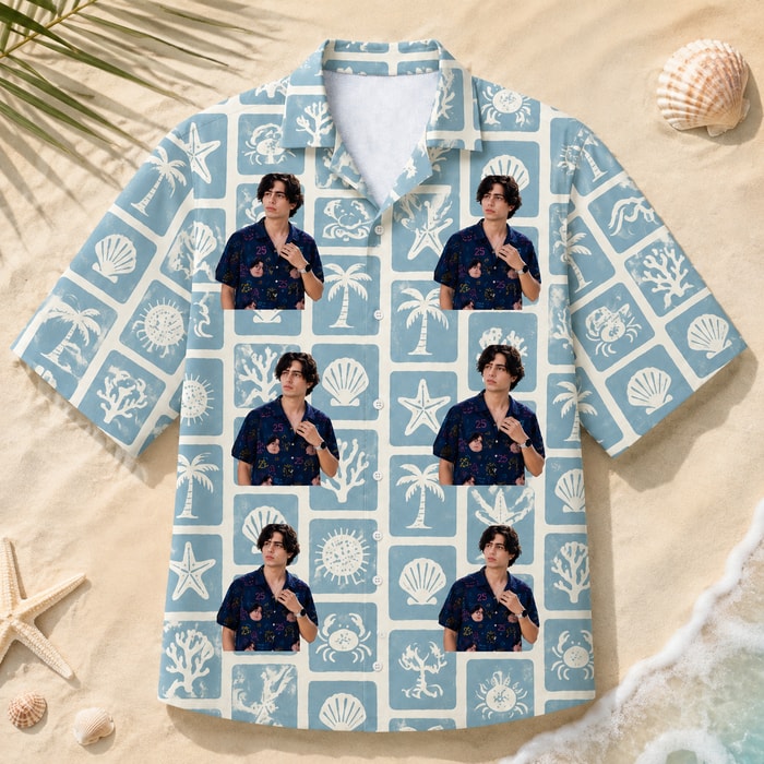 Custom Photo Ocean Shirt, Seashell Starfish Palm Print - Personalized Portrait Hawaiian Shirt