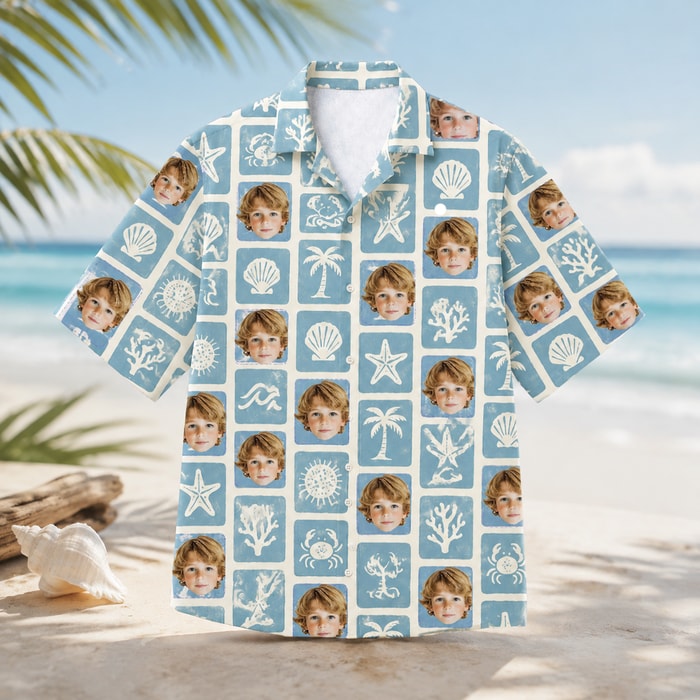 Ocean Theme Button Up Shirt - Custom Kids Face Hawaiian Shirt, Personalized Photo Shirt