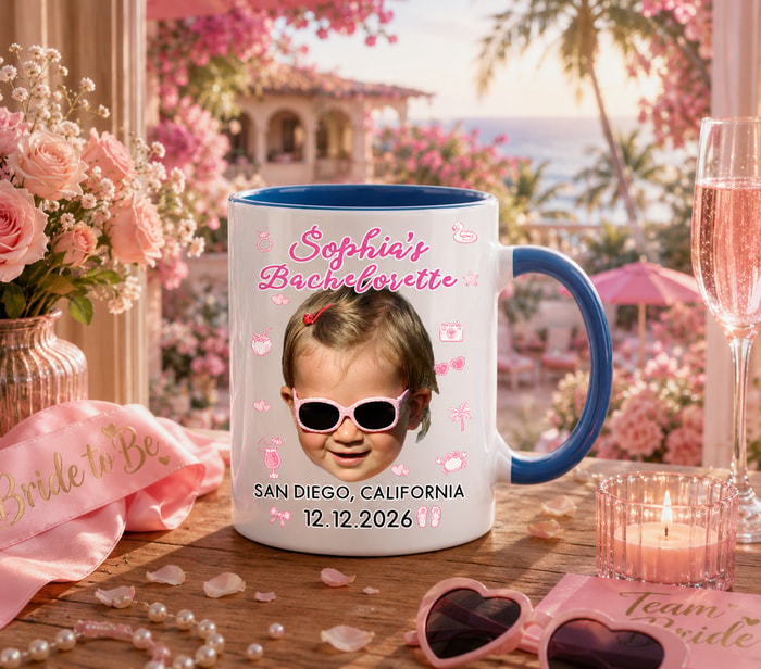 Custom Face Coffee Mug 11oz 15oz, Personalized Bachelorette Party Mug, Tropical Bride Beach Bach Coffee Cup, Bridal Party Gift