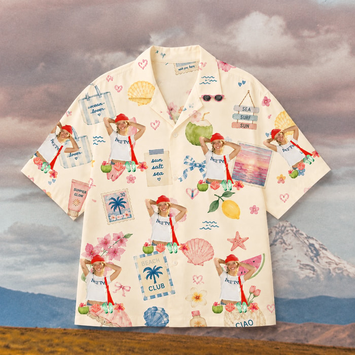 Personalized Face Beach Club Aloha Shirt, Coastal Scrapbook Vacation Shirt, Family Friends Summer Gift, Custom Portrait Button Up