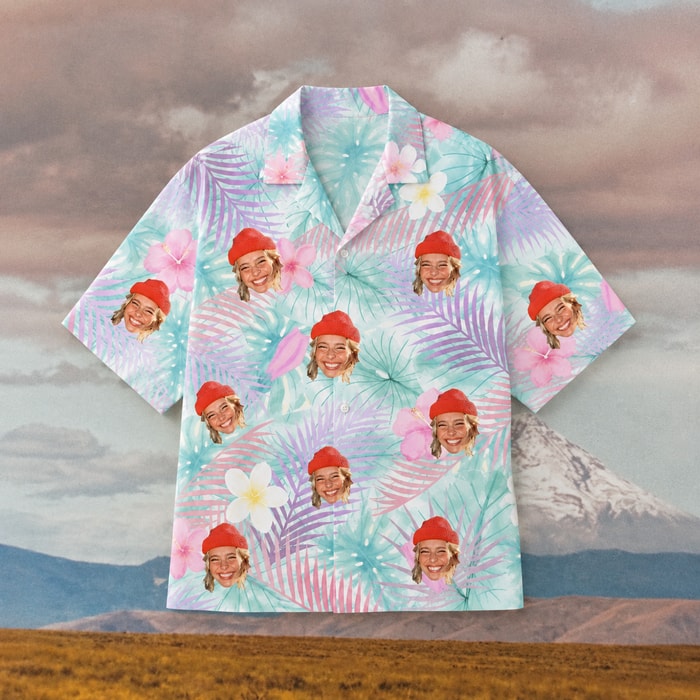 Custom Face Hawaiian Shirt, Personalized Pastel Palm Aloha Shirt, Tropical Photo Button Up, Family Friends Vacation Gift, Custom Portrait Summer Shirt