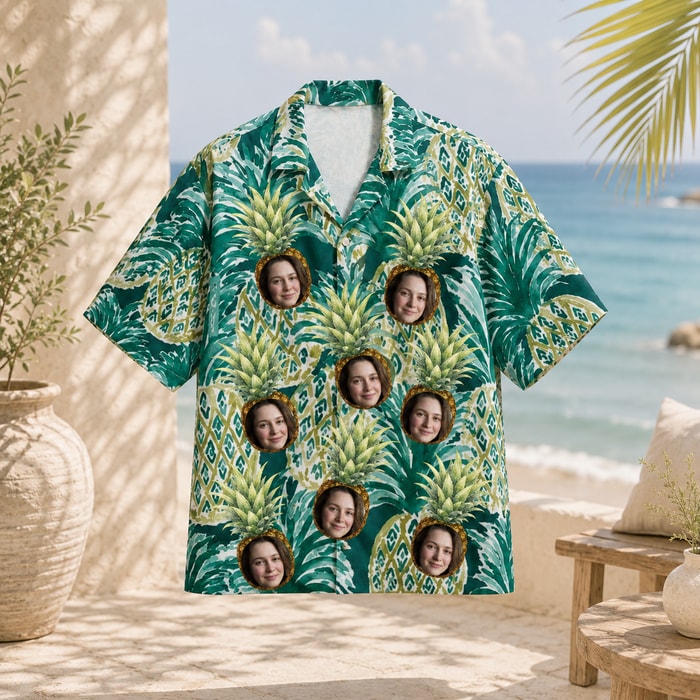 Personalized Custom Face Hawaiian Shirt Pineapple Tropical Green Vacation Gift