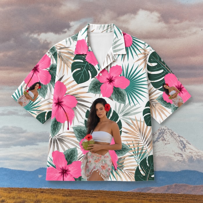 Custom Full Photo Hawaiian Shirt, Personalized Hibiscus Aloha Shirt, Tropical Portrait Button Up, Family Friends Vacation Gift, Custom Resort Shirt