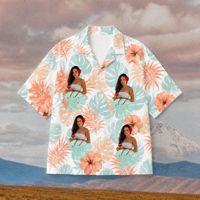 Custom Portrait Hawaiian Shirt, Personalized Photo Monstera Aloha Shirt, Tropical Floral Face Shirt, Family Friends Gift, Custom Resort Button Up