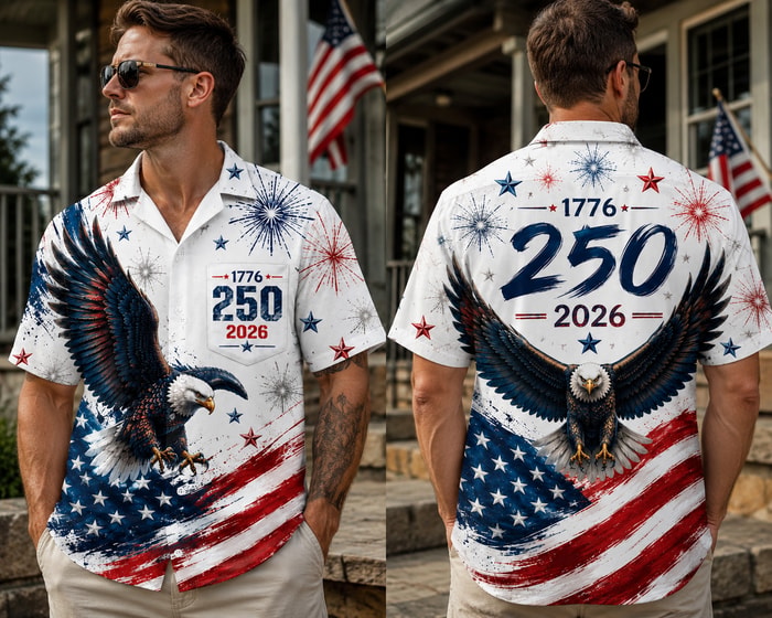 Usa 250 Years Of Freedom Hawaiian Shirt, Patriotic Eagle Flag 1776-2026 Aop Hawaii Shirl, L / No Pocket