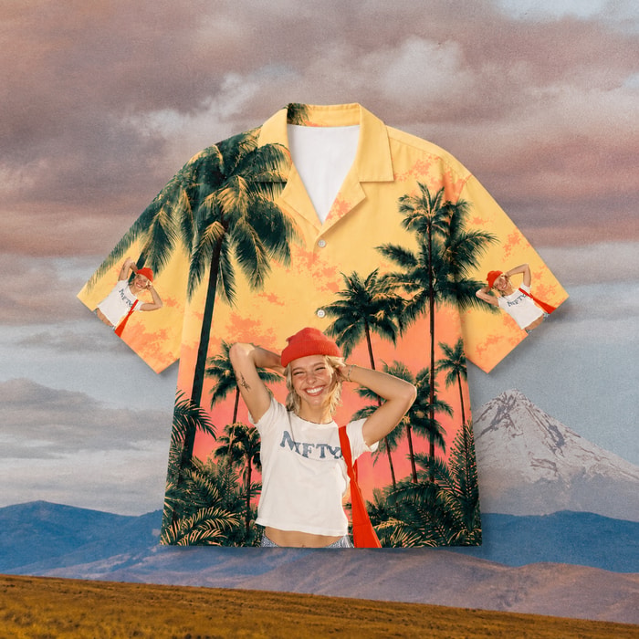 Custom Full Photo Hawaiian Shirt, Personalized Sunset Palm Aloha Shirt, Tropical Portrait Shirt, Family Friends Vacation Gift, Custom Beach Button Up
