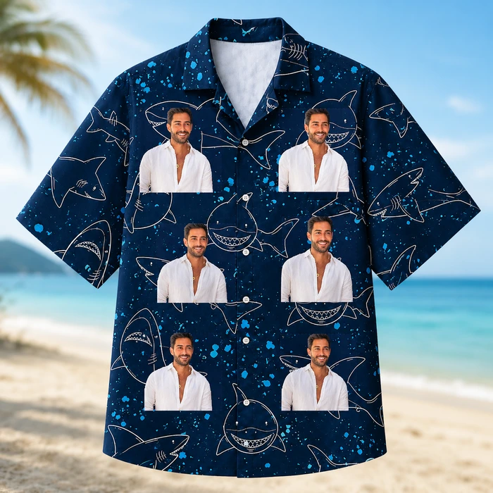 Shark Print Beachwear - Personalized Ocean Hawaiian Shirt, Custom Portrait Photo Shirt
