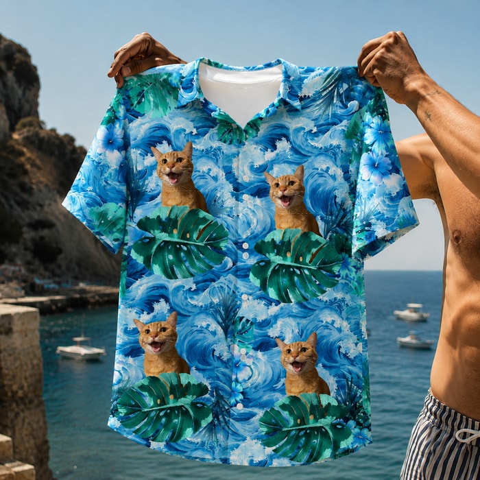 Custom Pet Photo Hawaiian Shirt, Personalized Dog Cat Ocean Shirt, Tropical Pet Portrait Aloha, Animal Lover Beach Gift, Vacation Button Up