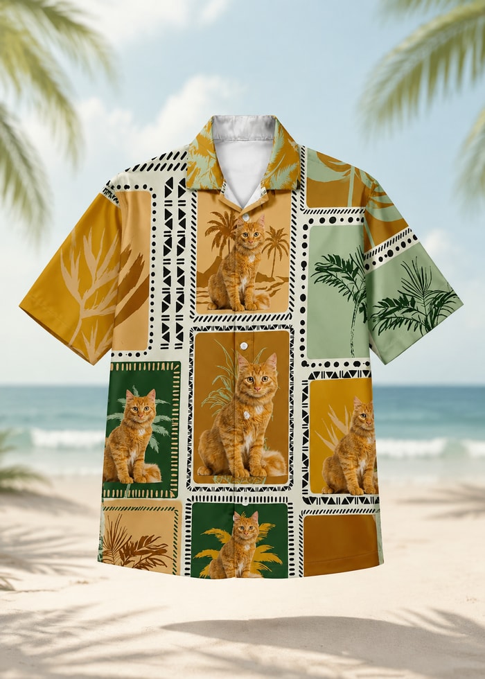 Retro Tropical Cat Hawaiian Shirt Custom Pet Portrait Personalized Vacation Shirt