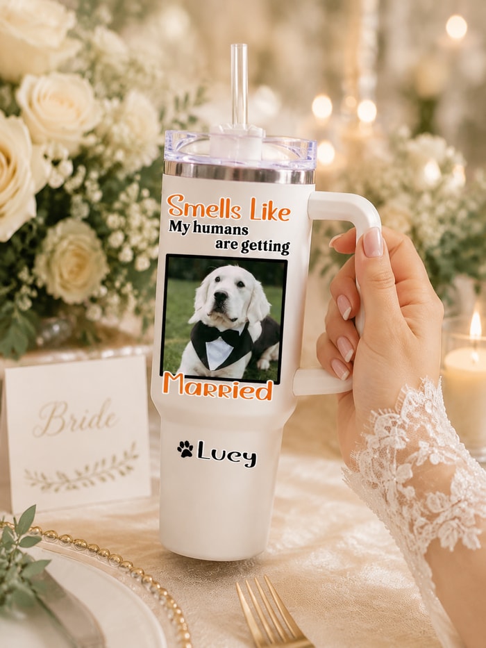 Personalized "Smells Like My Humans Are Getting Married" 40oz Tumbler, Custom Pet Photo Engagement Travel Tumbler