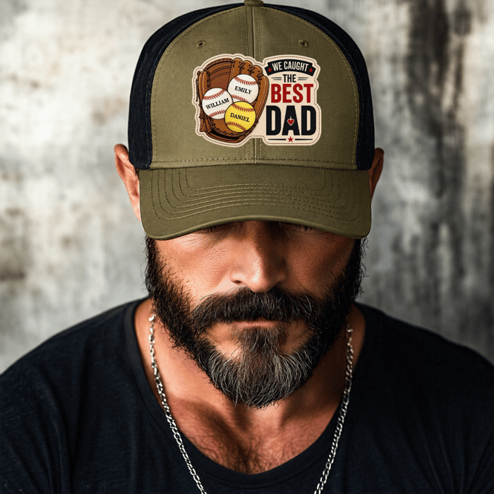 We Caught The Best Dad - Baseball, Softball Dad With Kids' Names - Personalized Cap