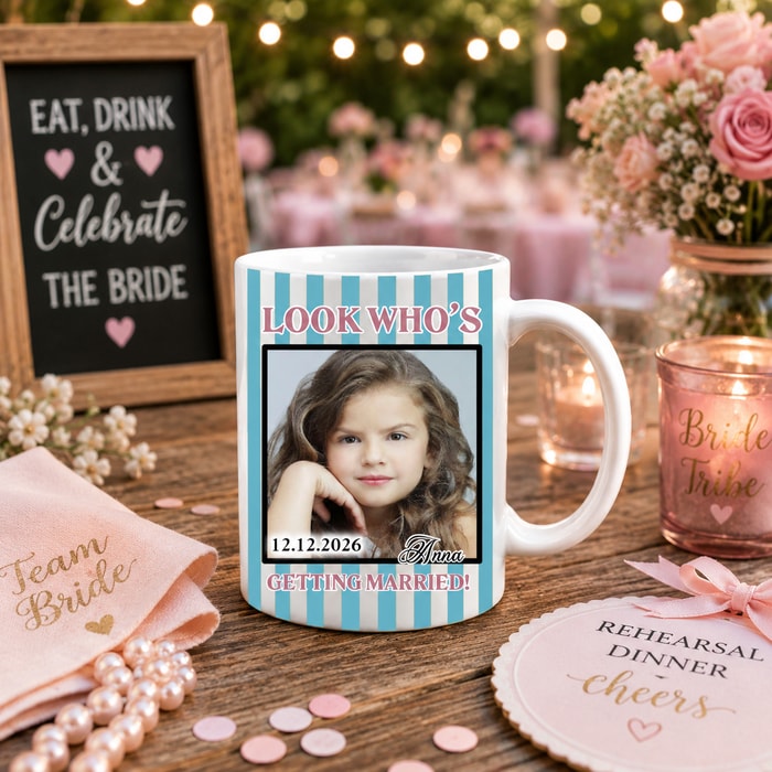 Personalized Striped "Look Who'S Getting Married!" Ceramic Coffee Mug, Custom Photo Wedding & Bridal Gift 11oz & 15oz