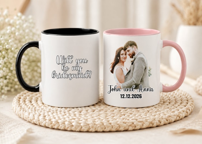 Personalized "Will You Be My Bridesmaid?" & Couple Photo Ceramic Coffee Mug | Custom Wedding Proposal Keepsake 11oz & 15oz