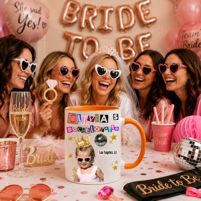 Bachelorette Photo Mug 11oz 15oz, Custom Face Party Decor, Personalized Bride Name Decorations, Disco Bach Party Backdrop, Girls Trip Banner