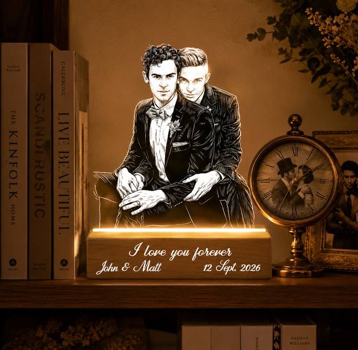 Custom Line Art Gay Wedding Photo Led Acrylic Night Light Personalized Lamp