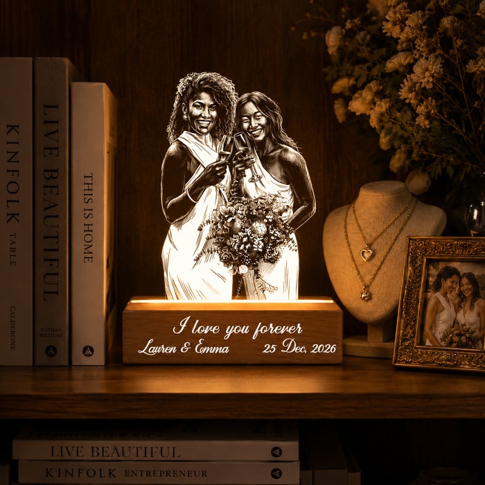 Custom Line Art Lesbian Wedding Photo Led Acrylic Night Light Personalized Lamp