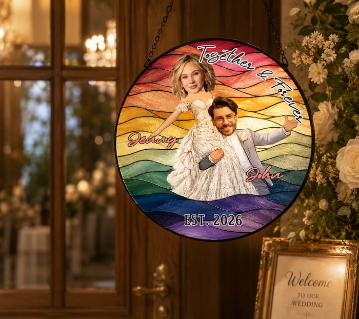 Custom "Together & Forever" Couple Photo Stained Glass Suncatcher