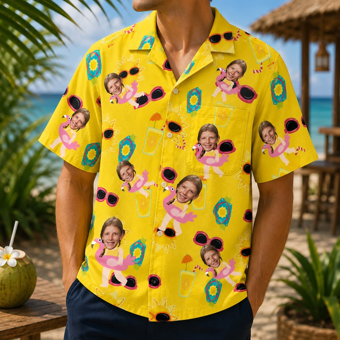 Personalized "Sunny Flamingo Pool" Aloha Shirt