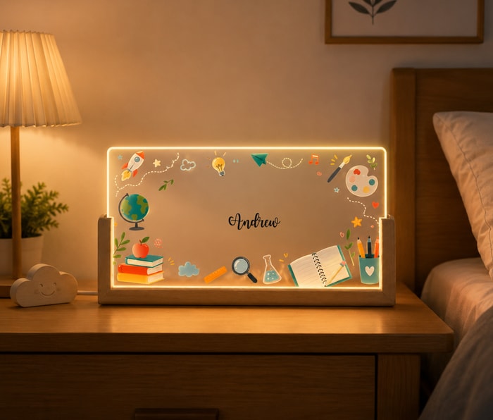 Name Desk Plate For Teacher - Personalized Acrylic Led Light With Wooden Base - Custom Gift For Teachers & Educators