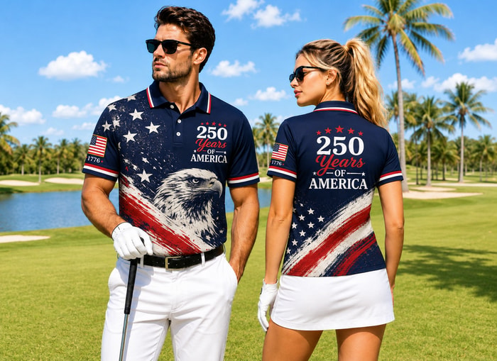250 Years Of America Golf Polo Shirt, Patriotic Usa Flag Eagle Polo, 4th Of July Aop Golf Shirt