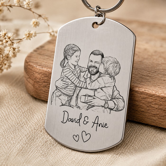 Custom Photo Pencil Sketch Family Dog Cat Portrait - Personalized Aluminum Keychain