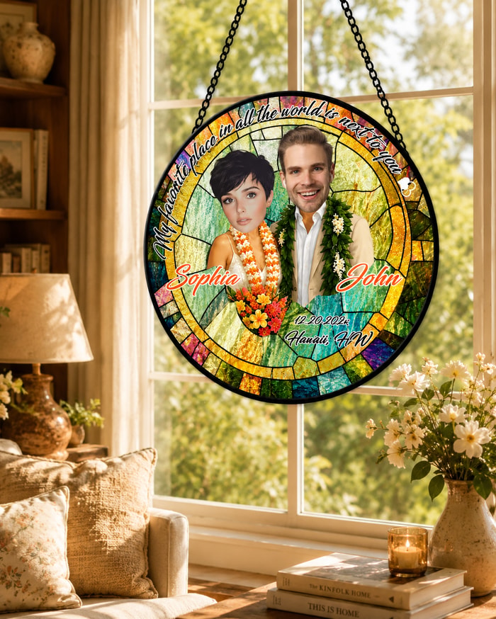 Favorite Place In The World Personalized Hawaii Beach Stained Glass Suncatcher, Summer Just Married Gift