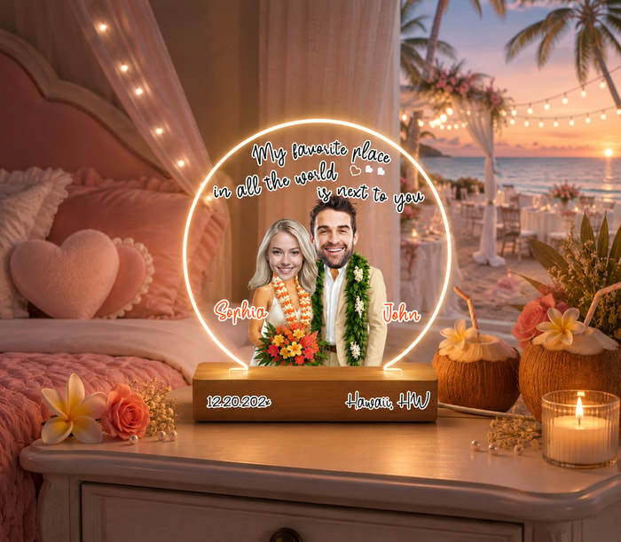 Favorite Place In The World Couple Heart Personalized Hawaii Wedding Circle Led Night Light, Custom Face Tropical Beach Couple Acrylic Lamp
