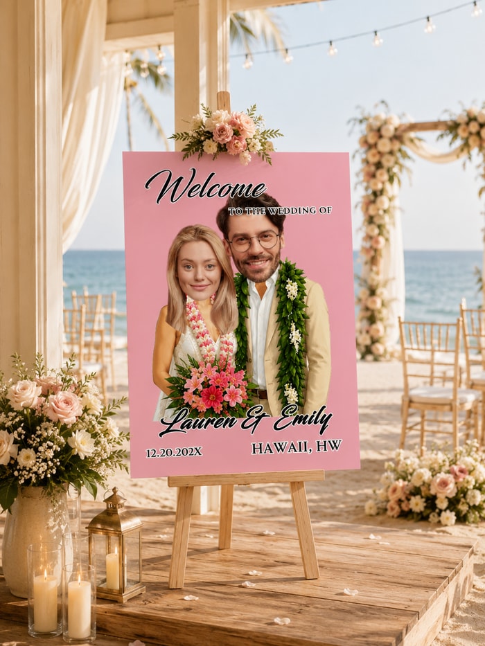 Personalized Hawaii Beach Wedding Welcome Board, Custom Face Tropical Couple Sign, Summer Destination Wedding Decor