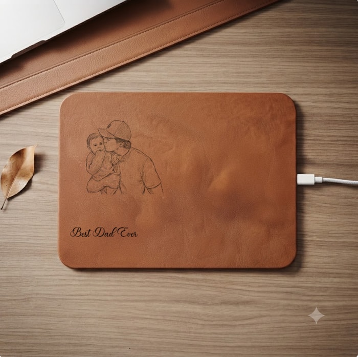 Custom Photo Pencil Sketch Best Dad Ever - Personalized Leather Charging Mat