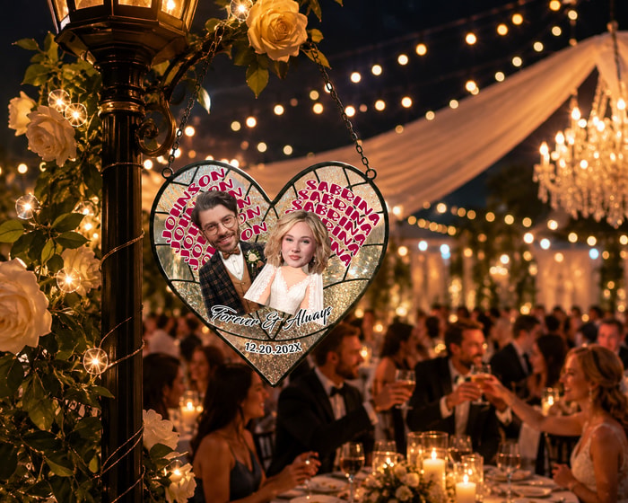Personalized Wedding Anniversary Stained Suncatcher, Custom Face Couple Stained Glass Window Hanging, Name Repeating Suncatcher